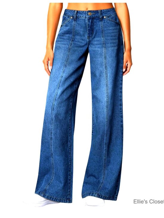 Denim - Wide Leg Jeans High Waisted Baggy Stretchy Front Seam Denim Pants